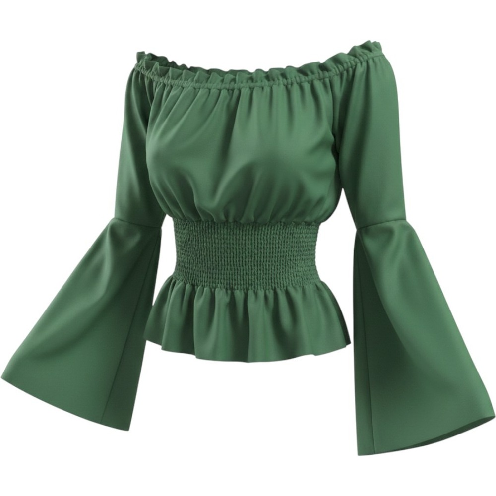 Smocked Waist Off-Shoulder Blouse in Forest Green